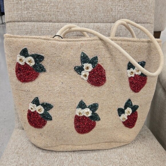 Viral Tik Tok strawberry beaded red linen cotton Handmade in India tote bag - Picture 1 of 4